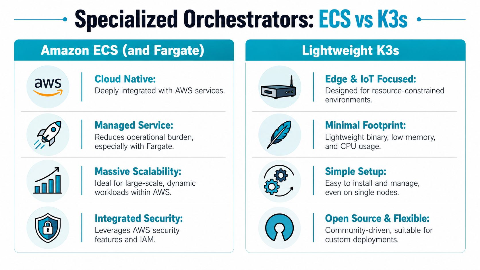 A comparison chart outlining the key differences between Amazon ECS and the lightweight K3s container orchestrators.