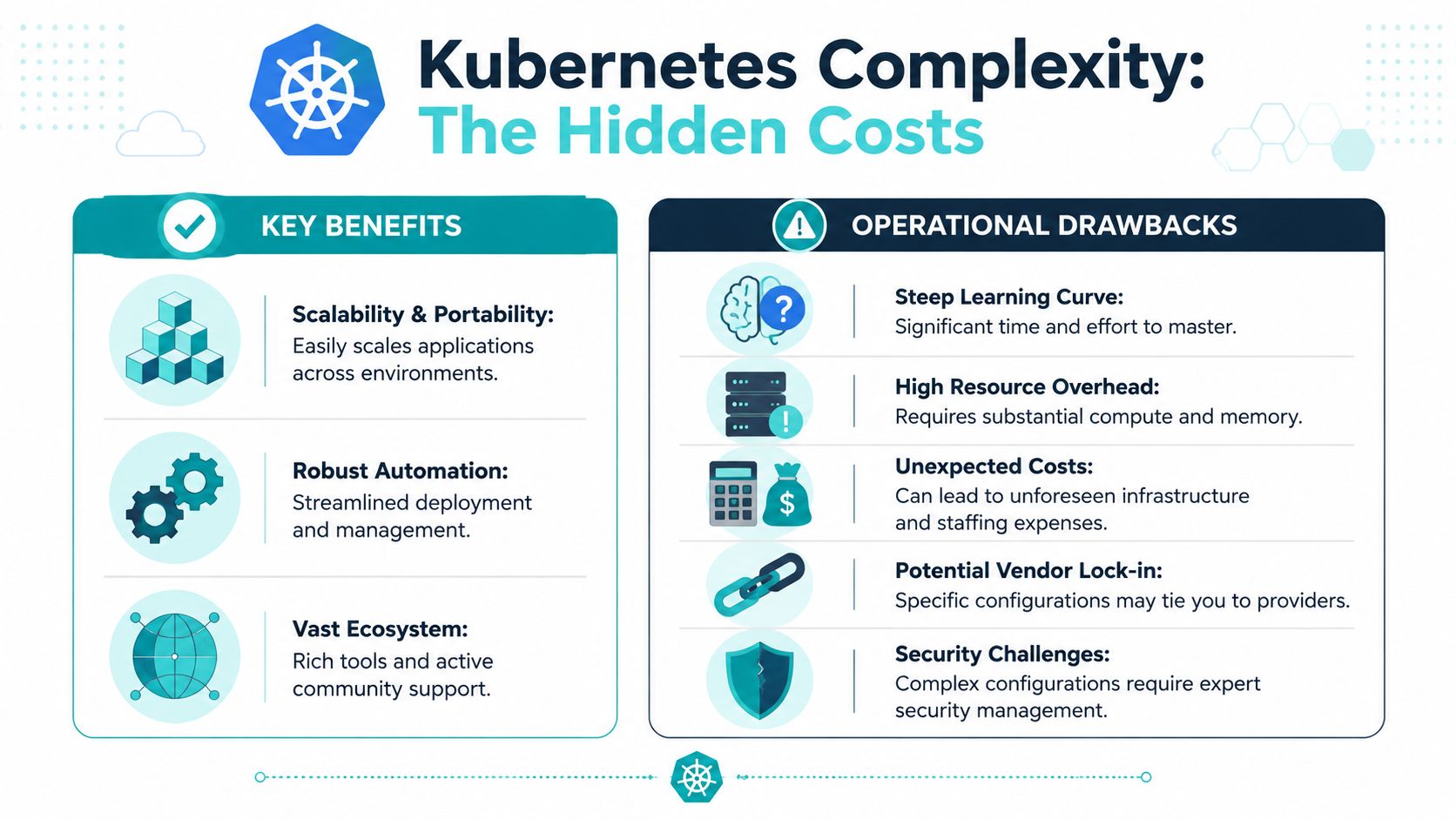 An infographic titled Kubernetes Complexity The Hidden Costs detailing key benefits versus operational drawbacks of using Kubernetes.