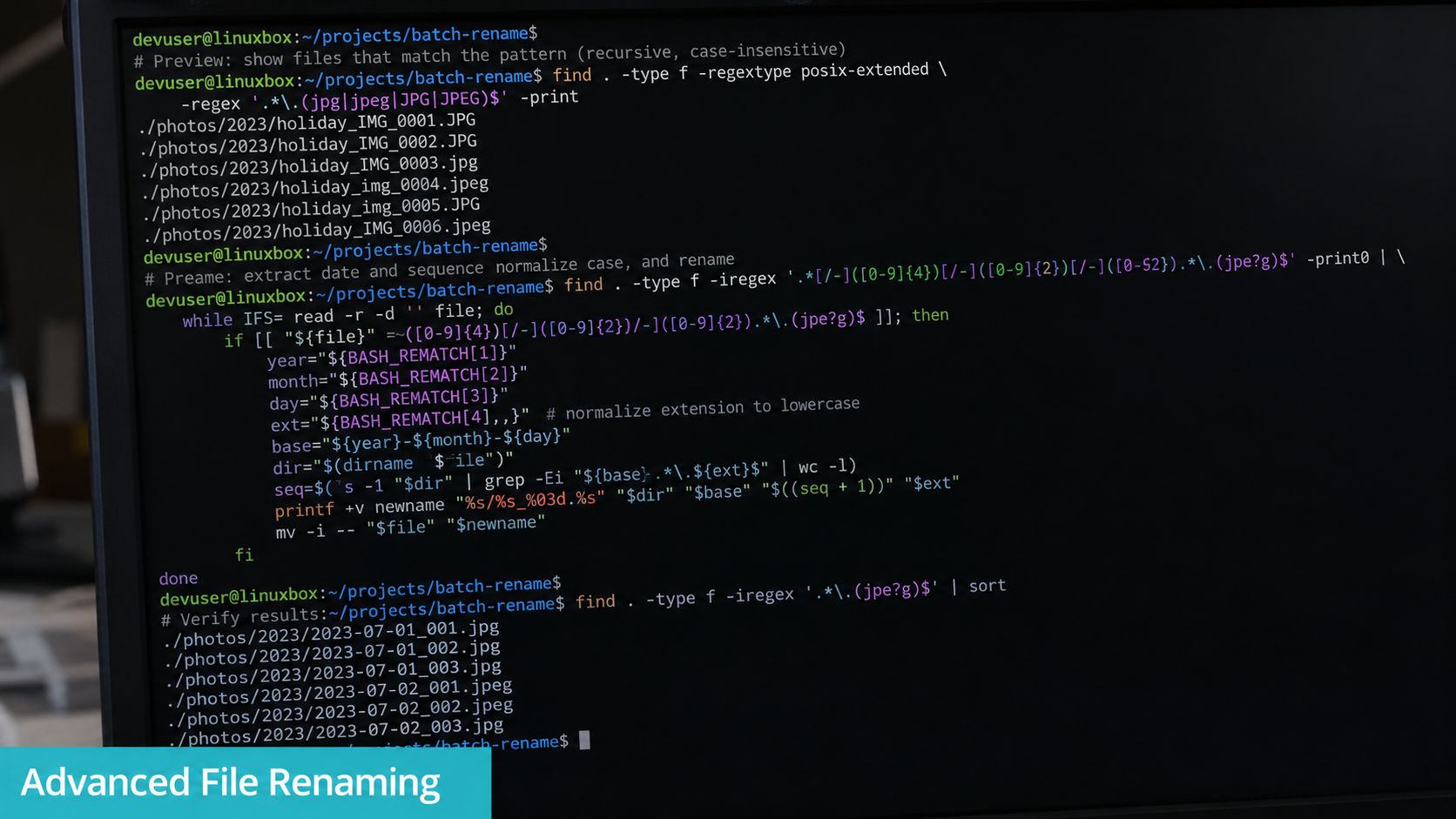 A computer screen displaying a Linux terminal with commands used for batch renaming image files.
