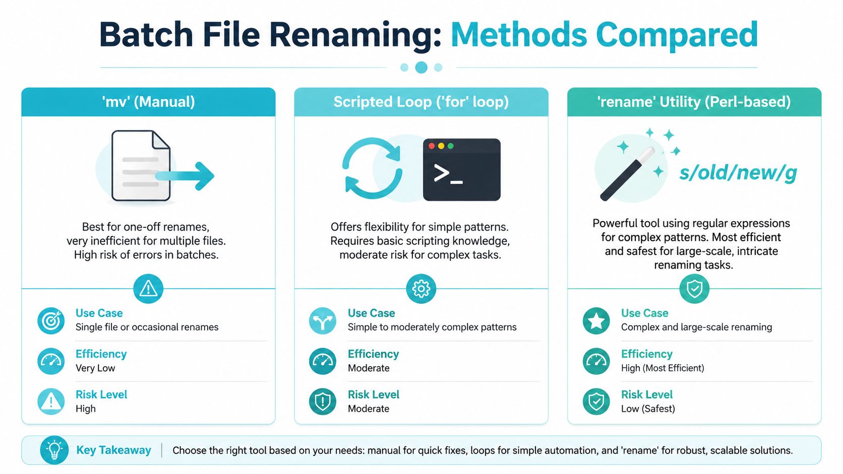 A comparison chart showing three methods for batch file renaming in Linux: mv command, scripted loops, and rename utility.