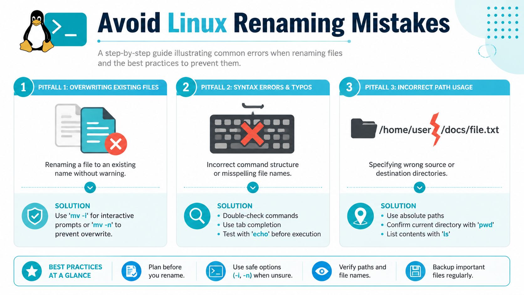 An infographic detailing common Linux file renaming mistakes and best practices to prevent data loss.