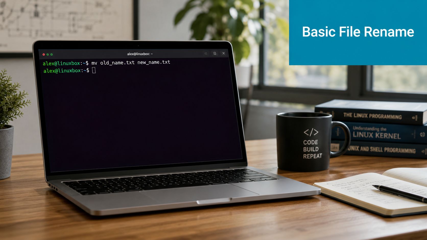 A laptop screen displaying a Linux terminal command for renaming files on a wooden office desk.