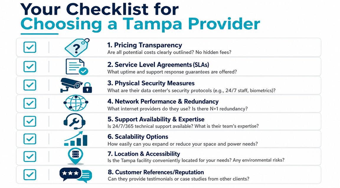 A comprehensive checklist for businesses to evaluate and select a reliable colocation provider in Tampa, Florida.