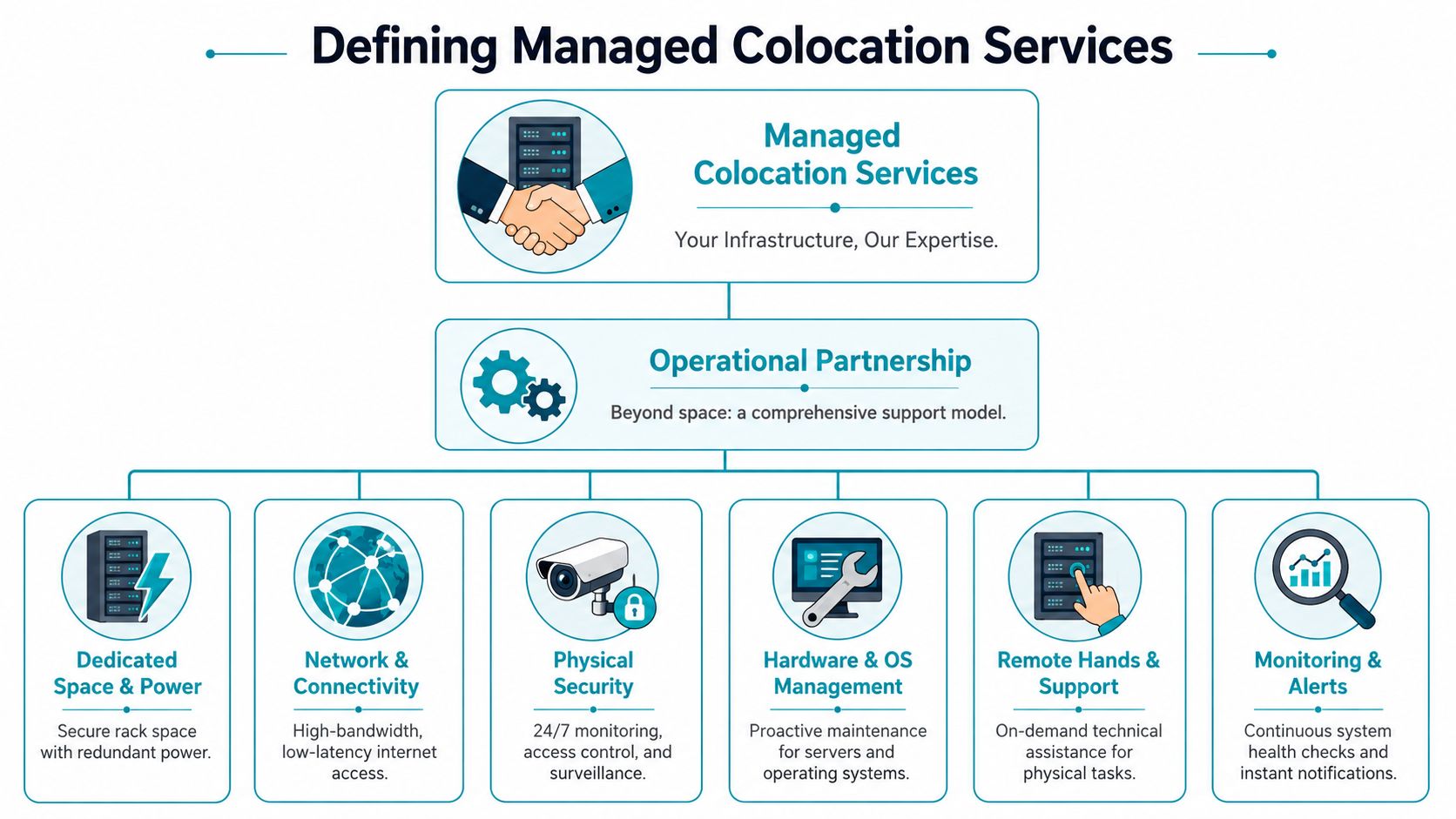 A flowchart diagram explaining the components and support model of managed colocation services for data centers.