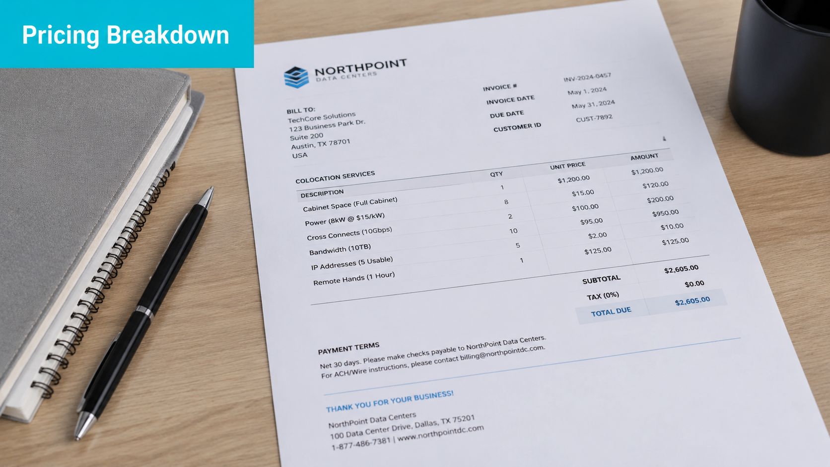 A printed invoice for colocation data center services from NorthPoint Data Centers placed on a wooden desk.