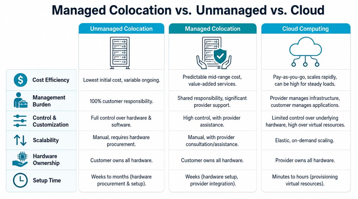 A comparison chart outlining the differences between unmanaged colocation, managed colocation, and cloud computing services.