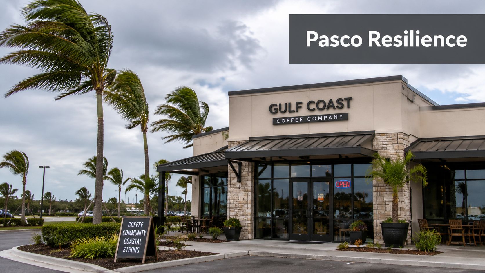 A Gulf Coast Coffee Company storefront in Pasco County, Florida, under a cloudy, windy sky.