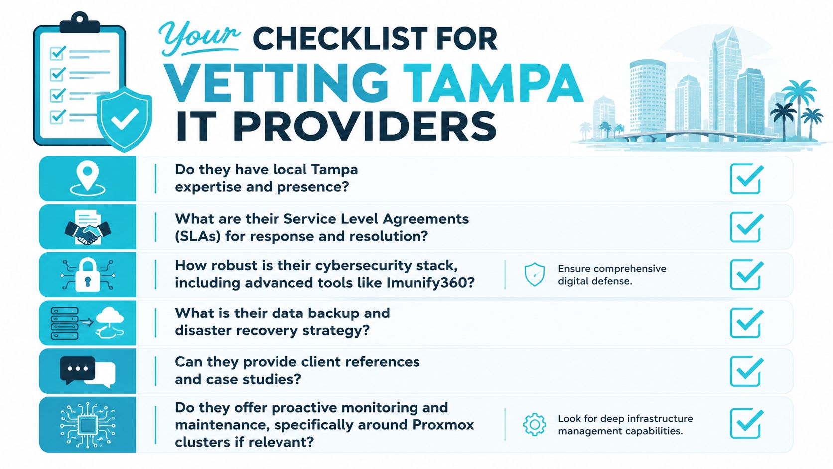 A checklist for businesses vetting IT providers in Tampa, featuring six key criteria for service evaluation.