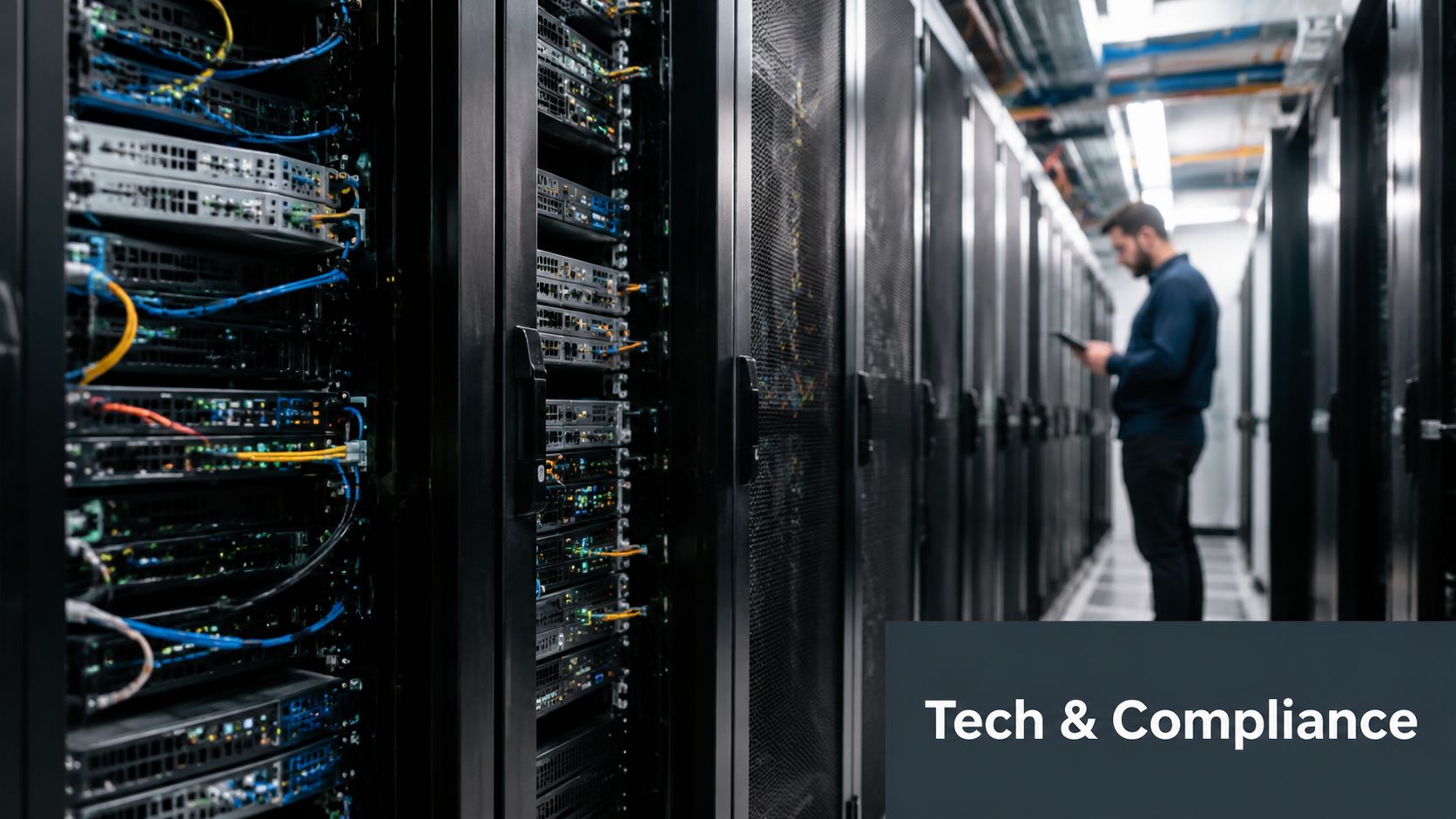A technician working with server equipment inside a high-tech data center facility with organized cabling.