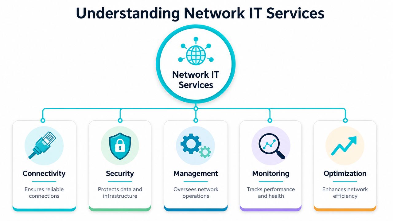 A diagram illustrating the five core components of Network IT services: connectivity, security, management, monitoring, and optimization.