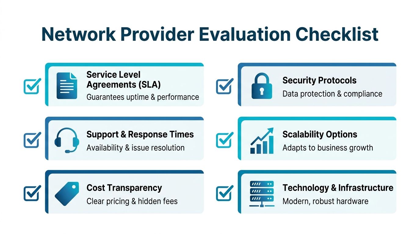 A checklist infographic outlining key factors to consider when evaluating a network service provider for businesses.