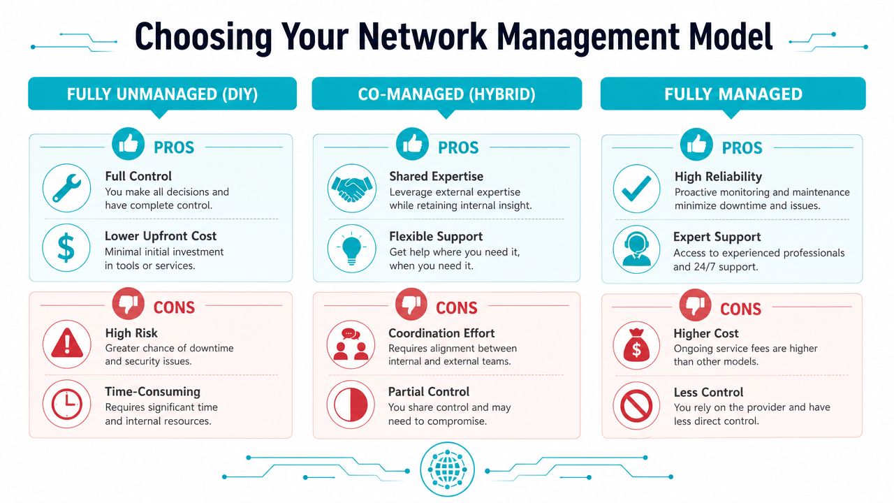 A comparison chart outlining the pros and cons of fully unmanaged, co-managed, and fully managed network services.