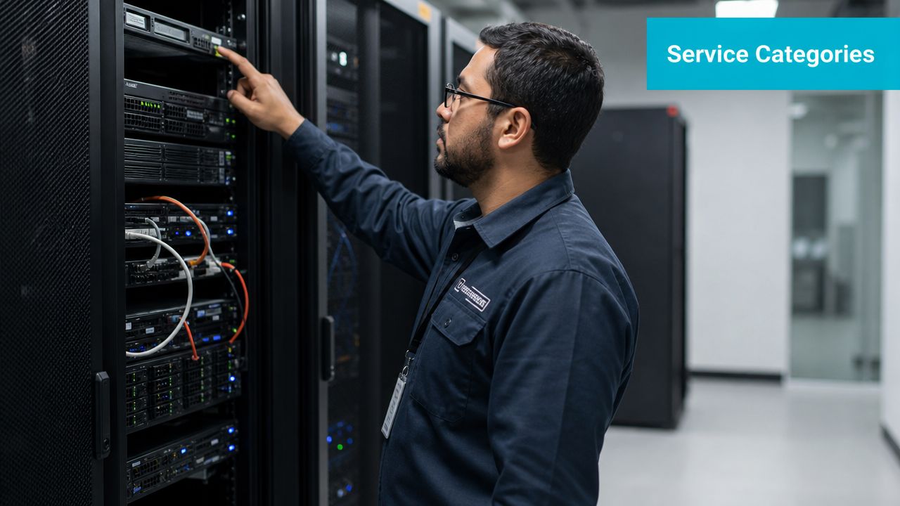 A technician wearing glasses inspects and services server equipment inside a modern data center facility.
