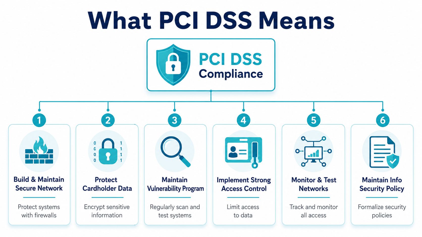 A diagram outlining the six core requirements for achieving and maintaining PCI DSS compliance for secure businesses.