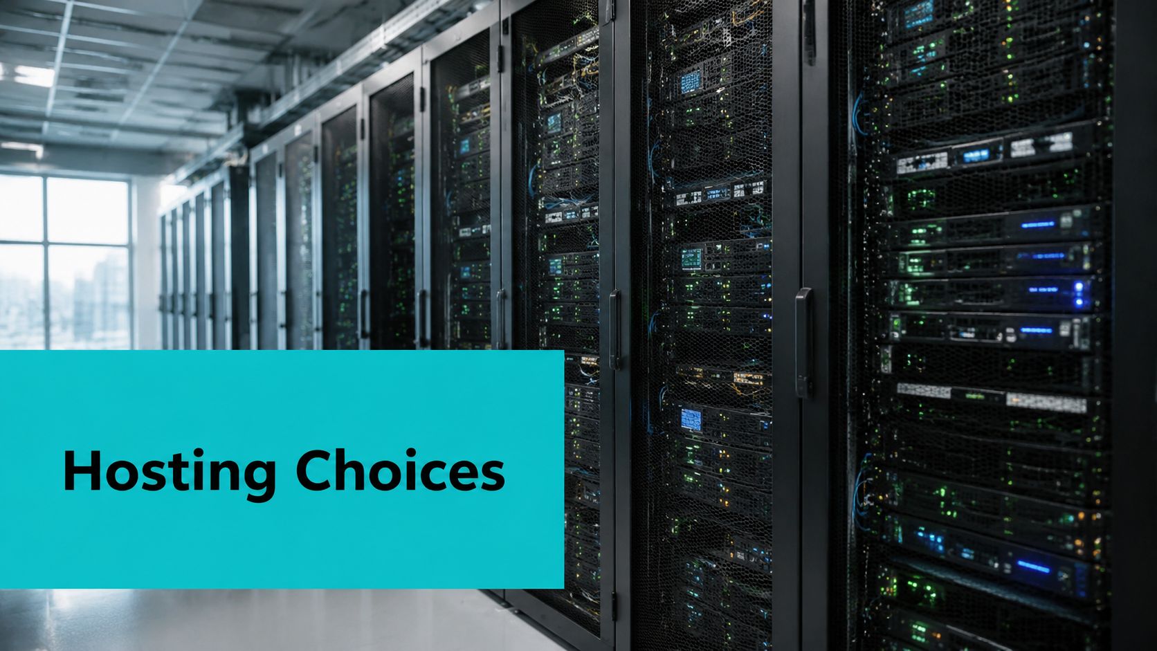 A row of server racks inside a data center with a large cyan box overlaying the image.