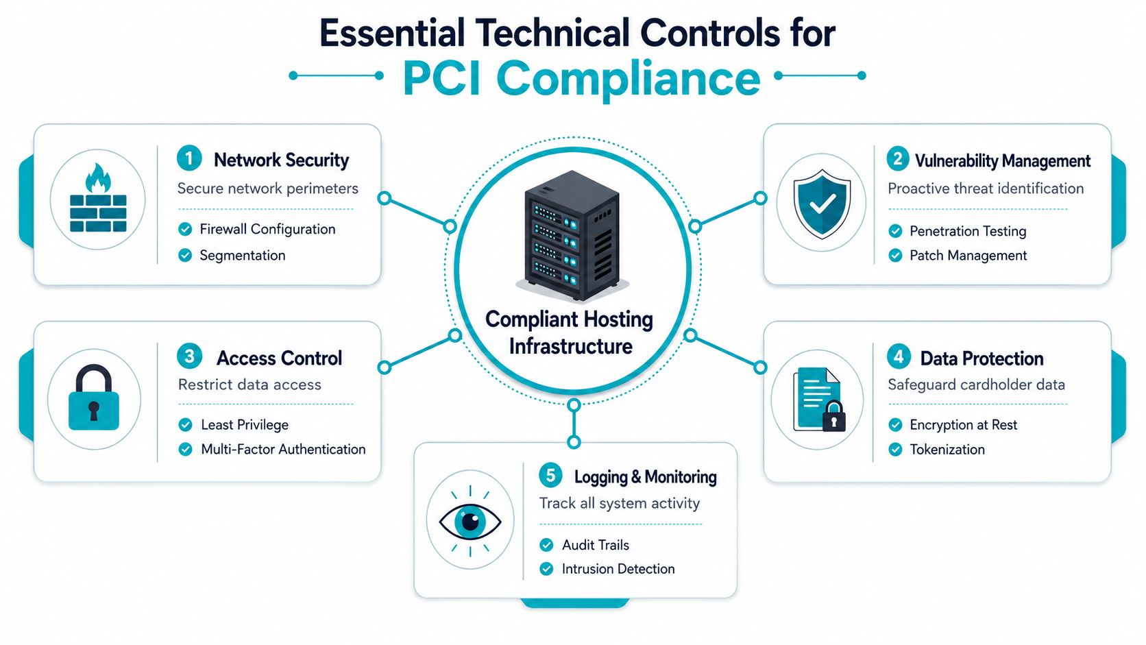 A diagram outlining the five essential technical controls for maintaining PCI compliance for hosting infrastructure.