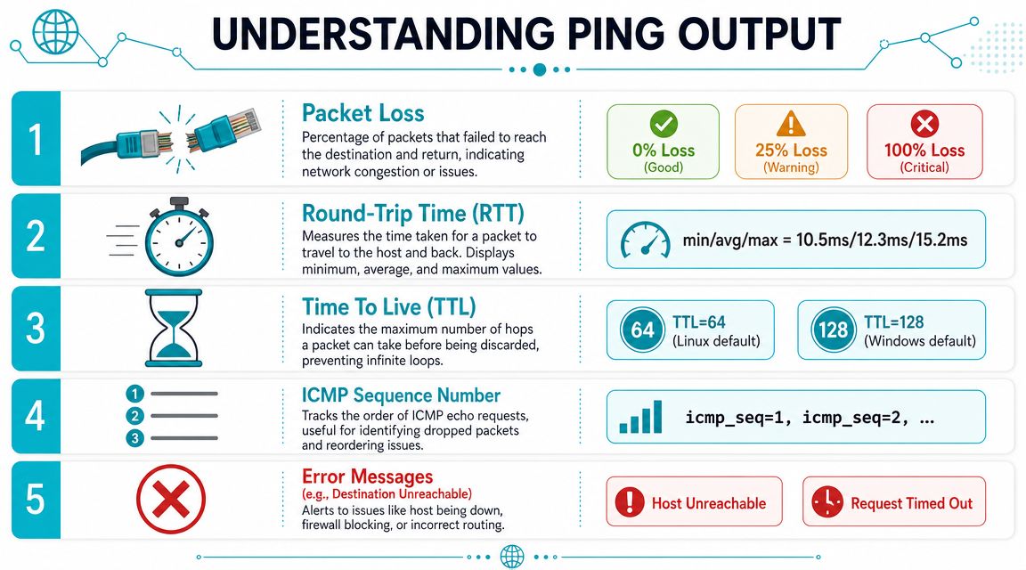 An infographic titled Understanding Ping Output explaining network diagnostic metrics like packet loss, RTT, TTL, and error messages.