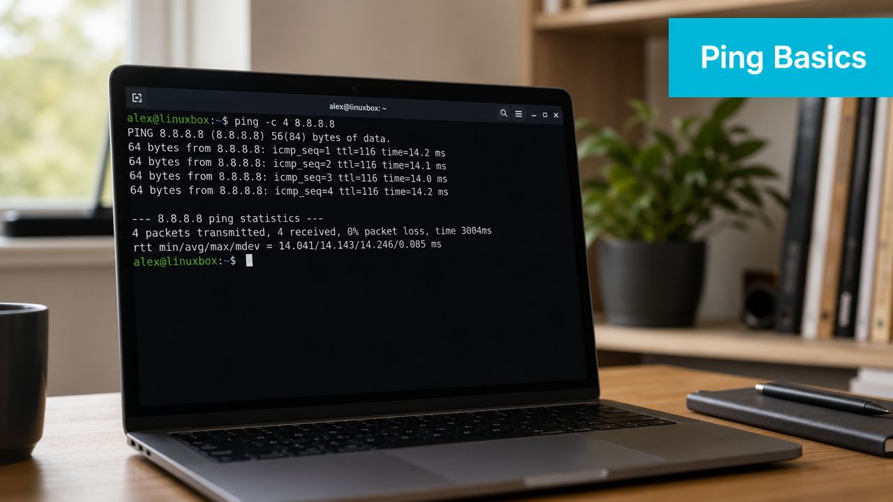A laptop screen showing a Linux terminal window running a successful ping command to test network connectivity.
