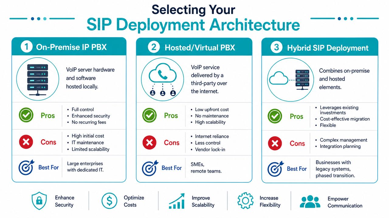 An infographic comparing three types of SIP deployment architectures for business telephony systems including on-premise, hosted, and hybrid.