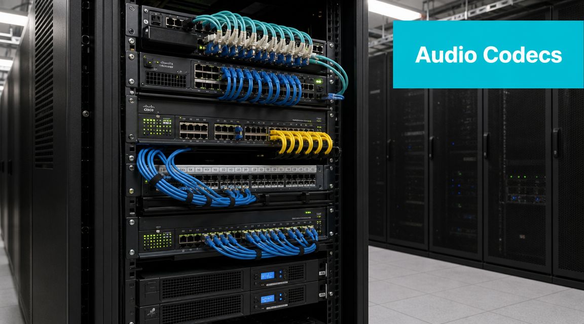 A server rack in a data center featuring network switches with connected blue and yellow ethernet cables.