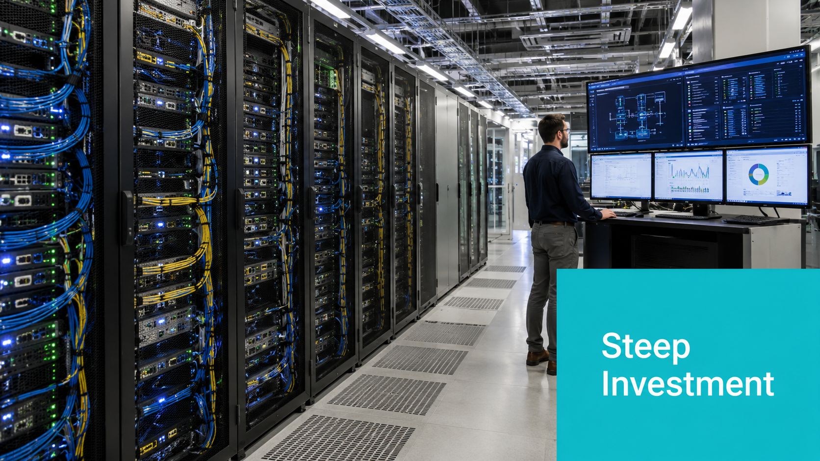 A professional technician monitoring network performance on multiple computer screens inside a modern, high-tech server room facility.