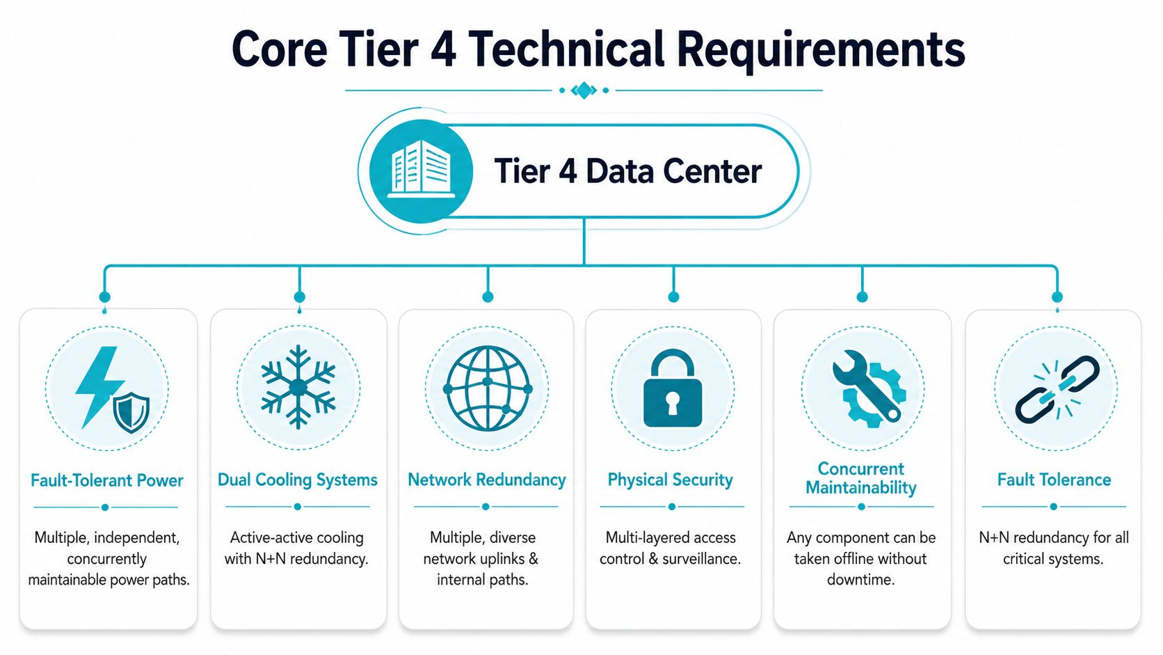 A diagram outlining the six core technical requirements for maintaining a Tier 4 data center infrastructure.
