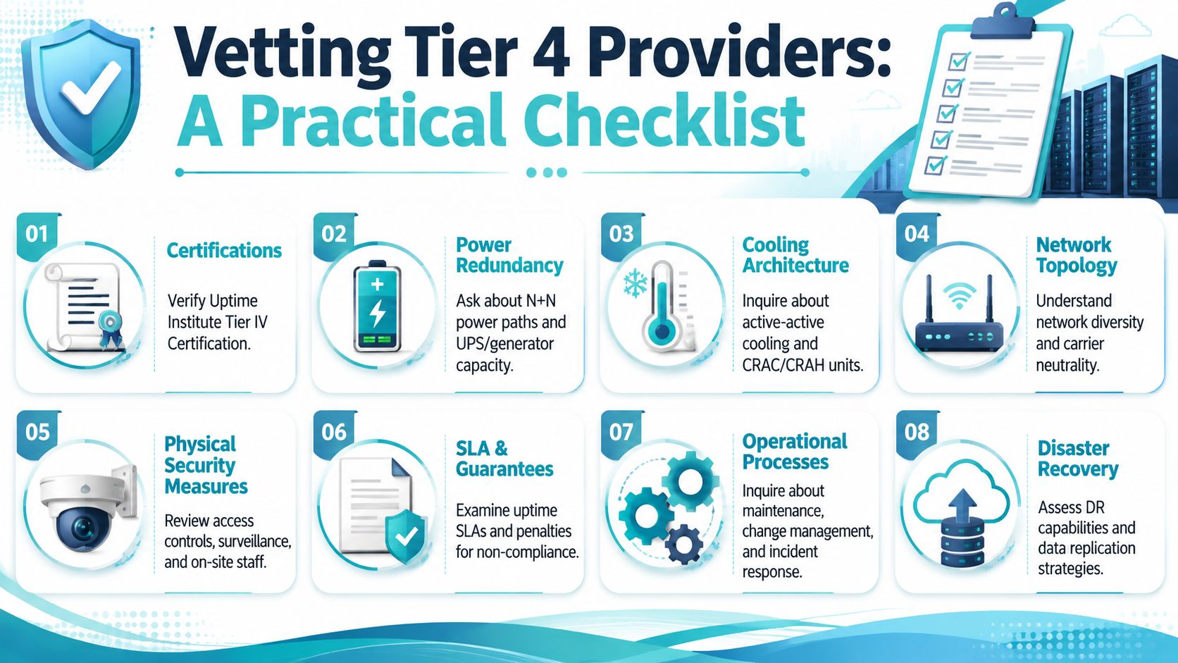 An infographic titled Vetting Tier 4 Providers detailing eight essential criteria for evaluating data centers.