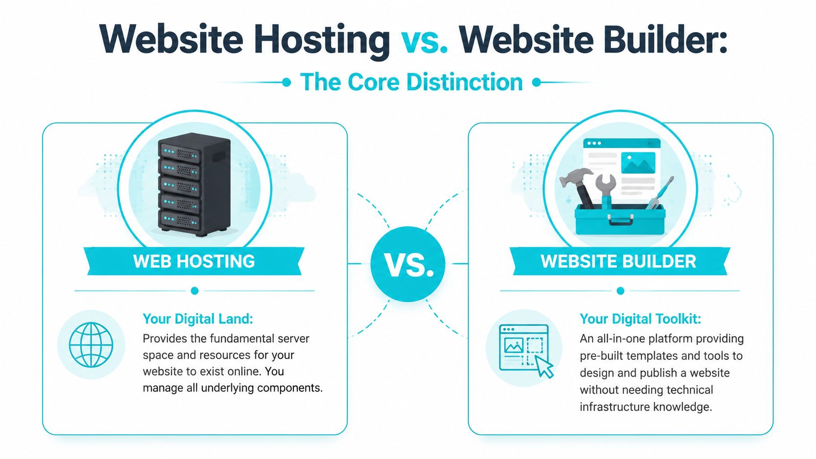 A comparative infographic showing the differences between web hosting as digital land and website builders as toolkits.