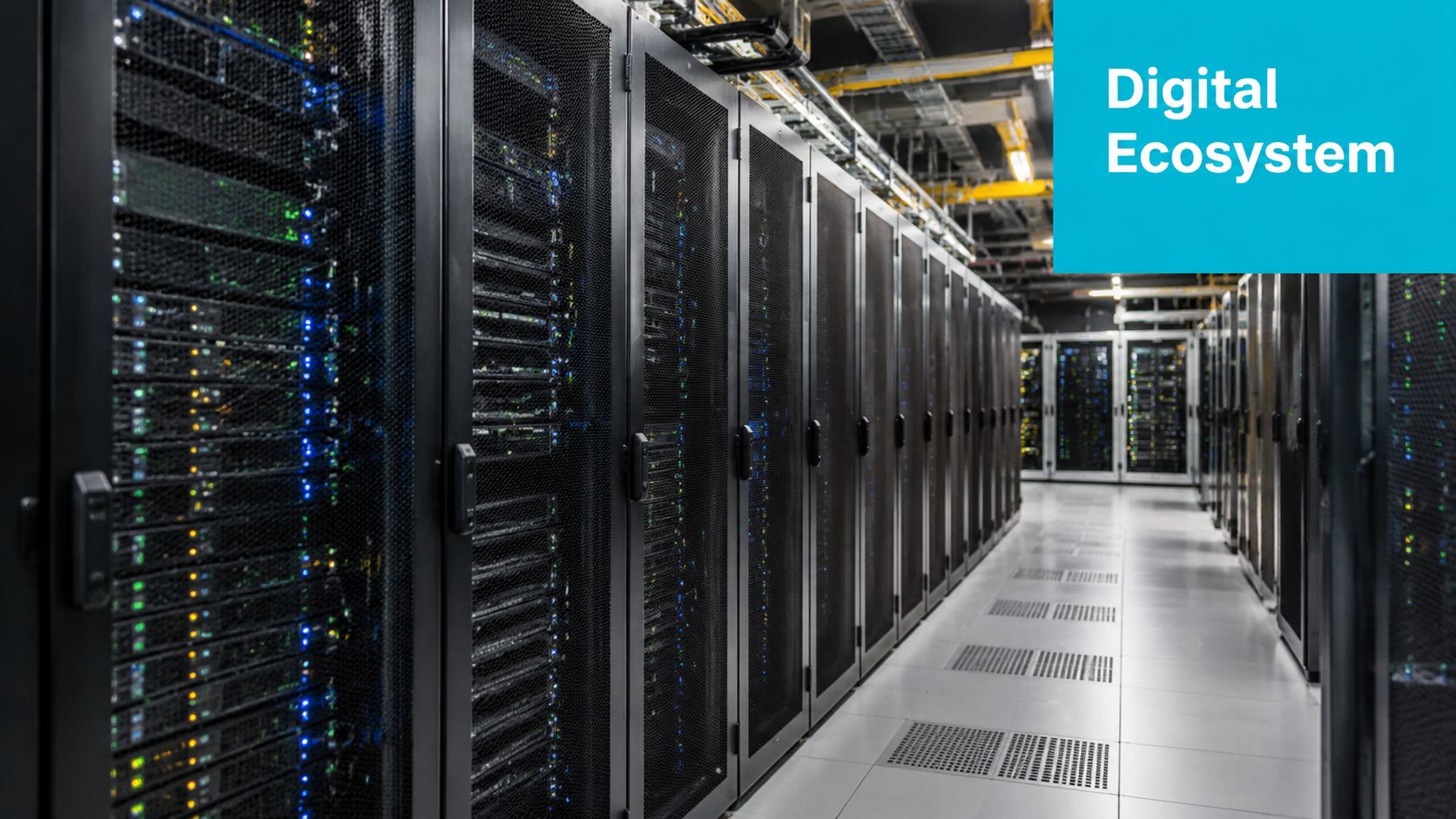 Rows of black server racks in a high tech data center with blue and green blinking lights.