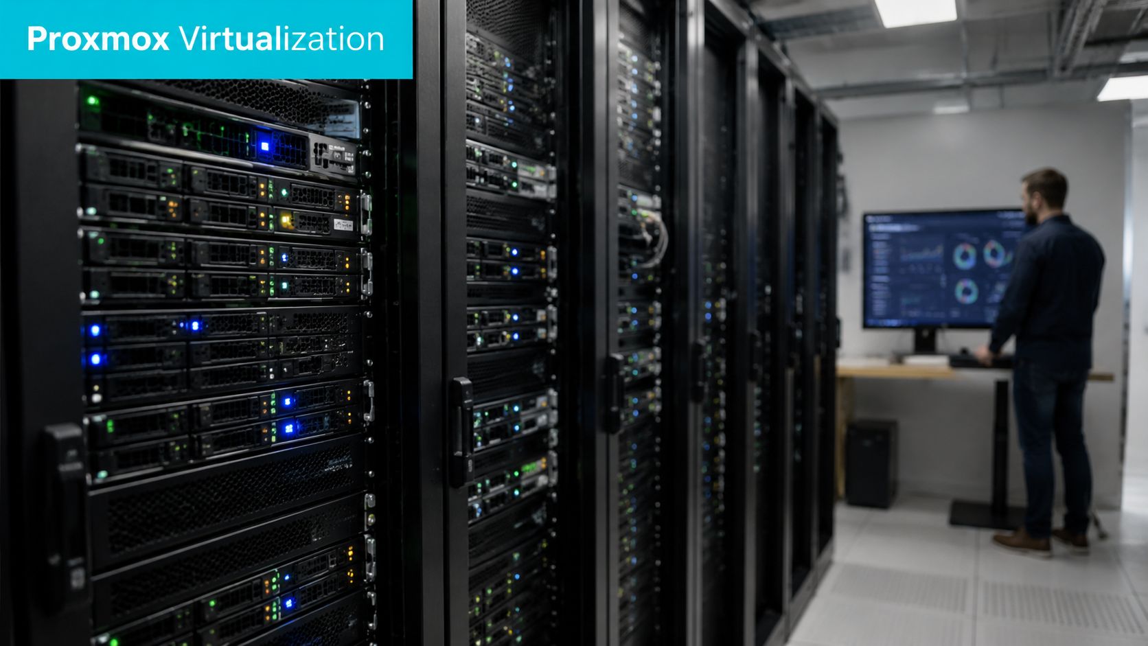 A technician standing in a professional server room monitoring a workstation running Proxmox virtualization software.