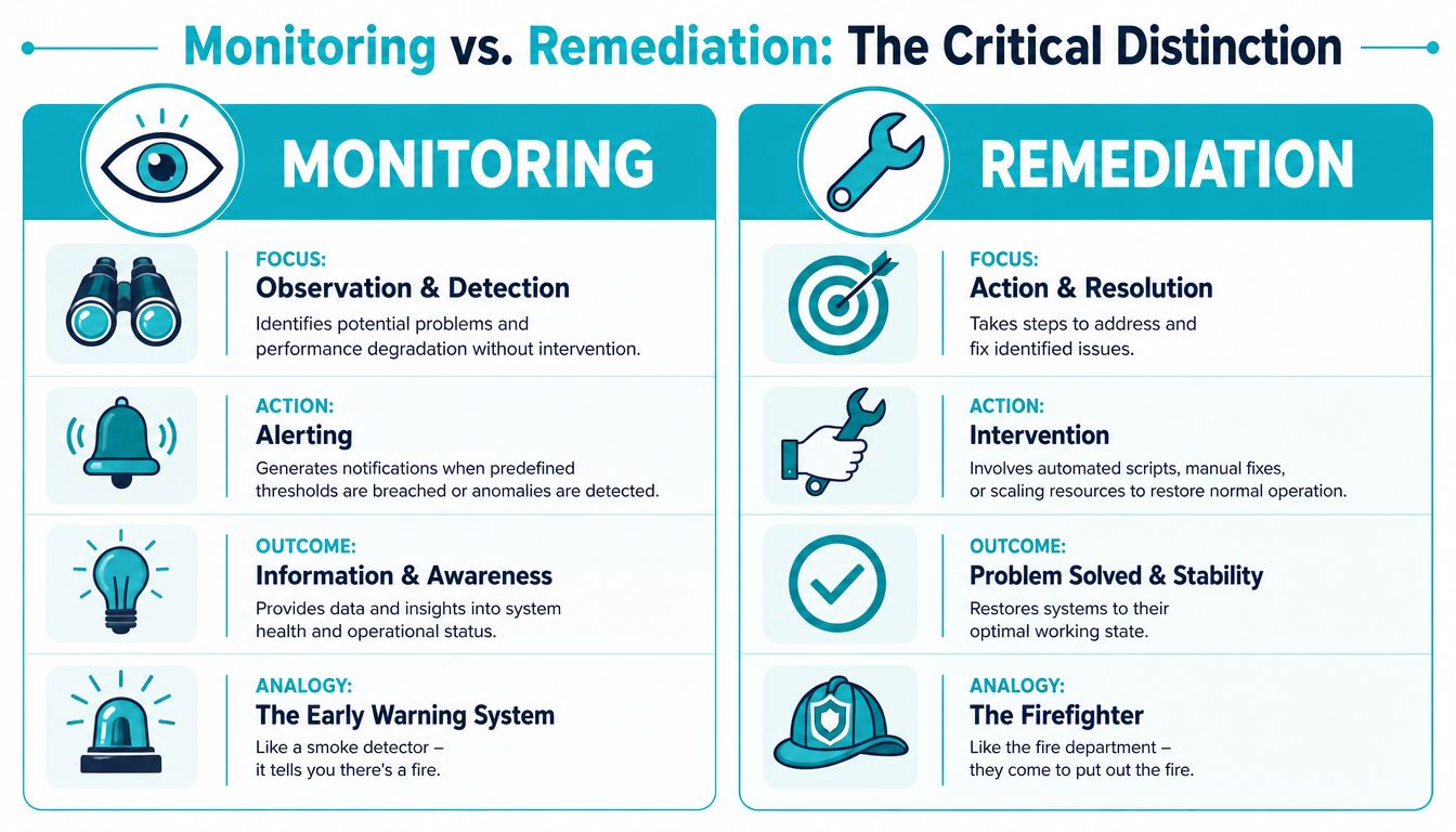 An infographic comparing the distinct roles and outcomes of technical monitoring versus system remediation processes.