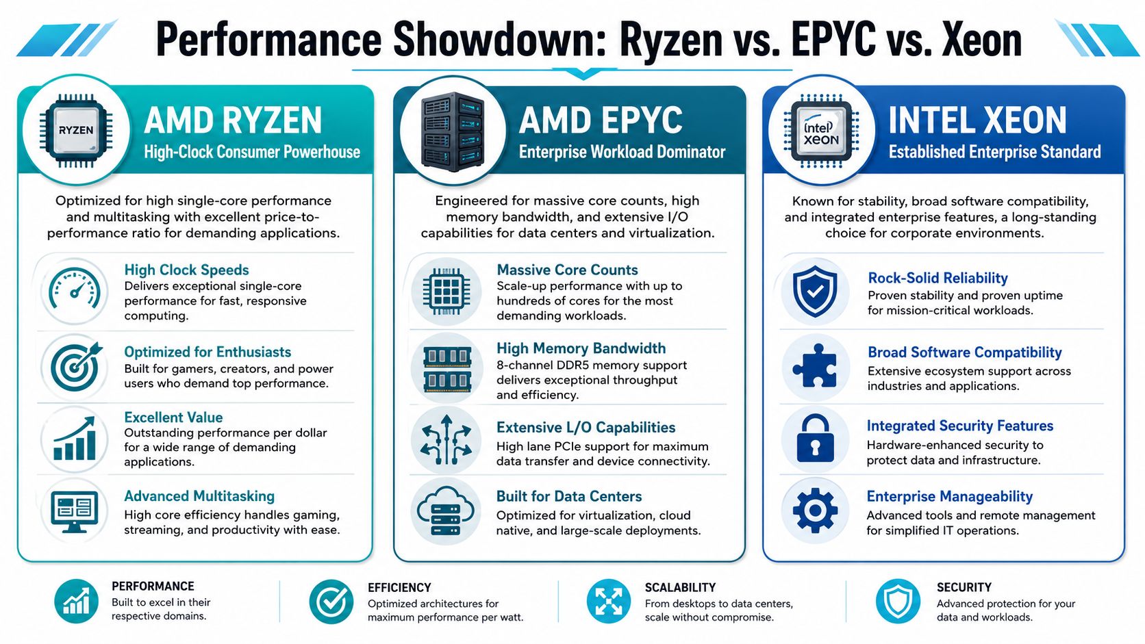A comparison chart showing features and benefits of AMD Ryzen, AMD EPYC, and Intel Xeon processors.
