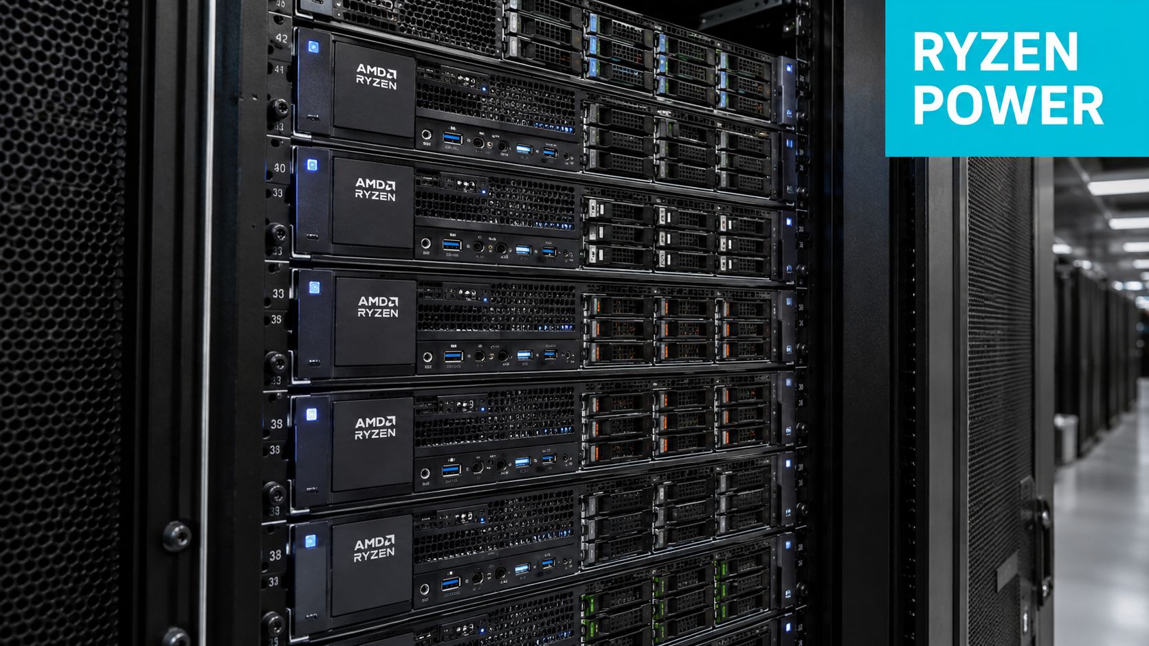 A server rack containing multiple AMD Ryzen dedicated servers stacked vertically in a professional data center.