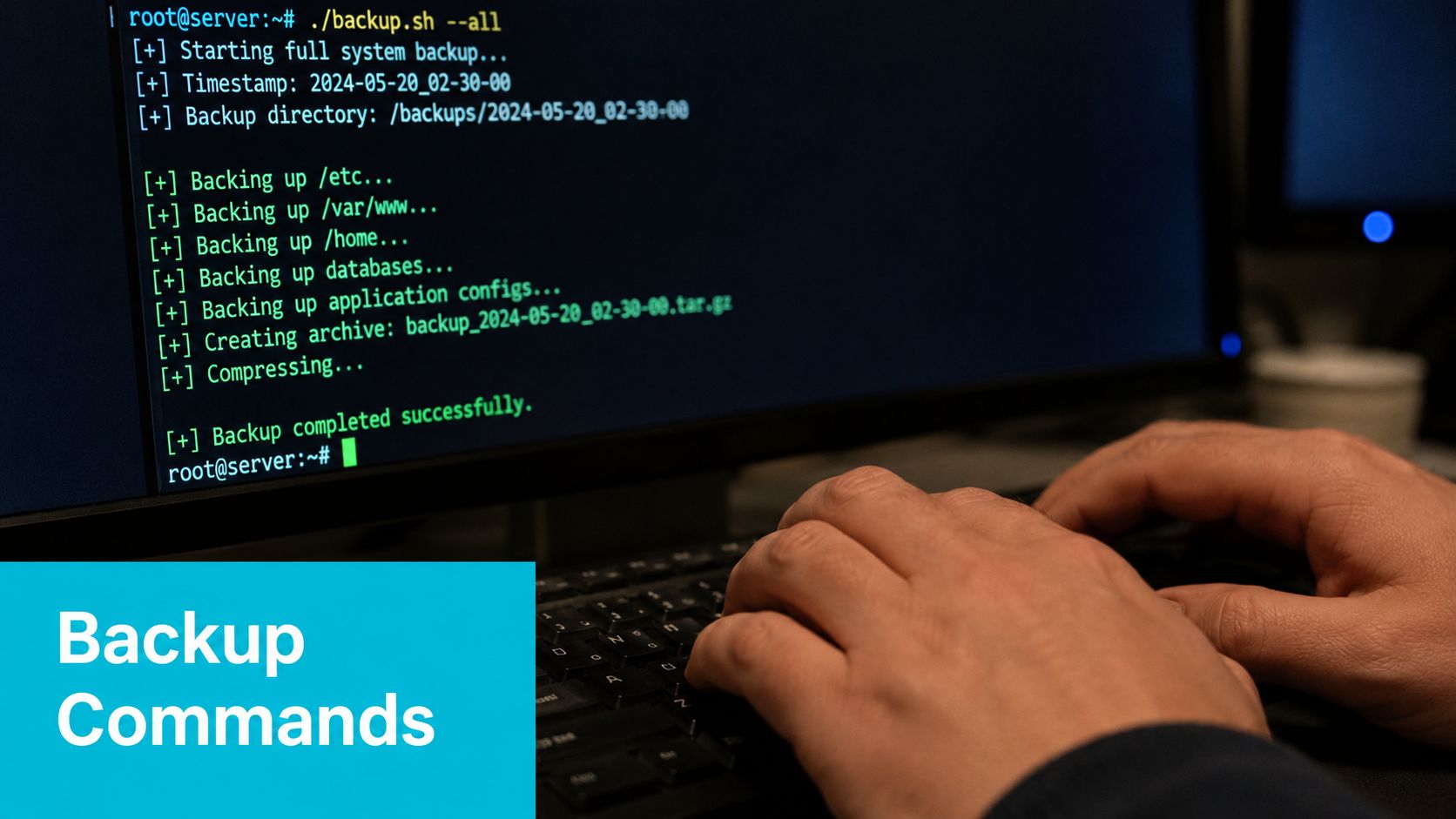 A systems administrator types a backup command on a terminal screen for a bare metal server.