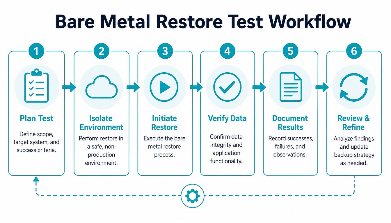 A six-step diagram illustrating the professional workflow for conducting a bare metal server restore test.
