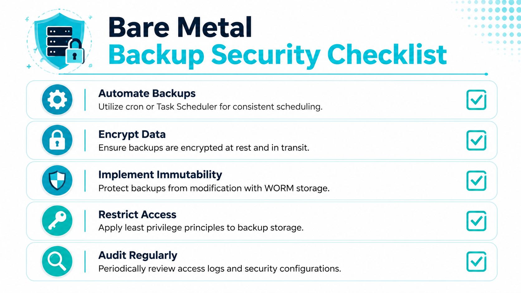 A professional checklist outlining key security practices for protecting bare metal server backups effectively.