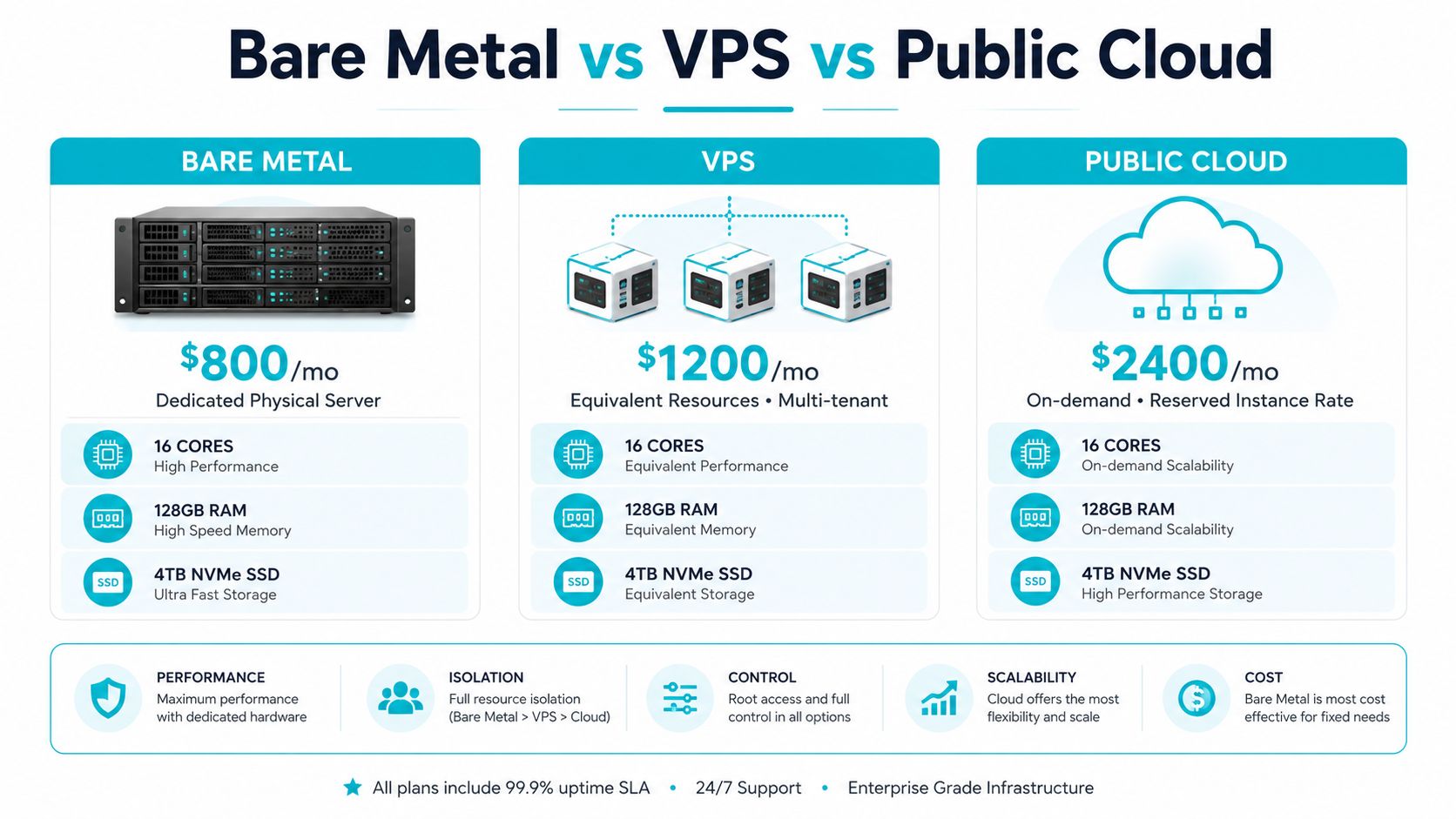A comparison chart showing Bare Metal, VPS, and Public Cloud hosting options with pricing and specifications.