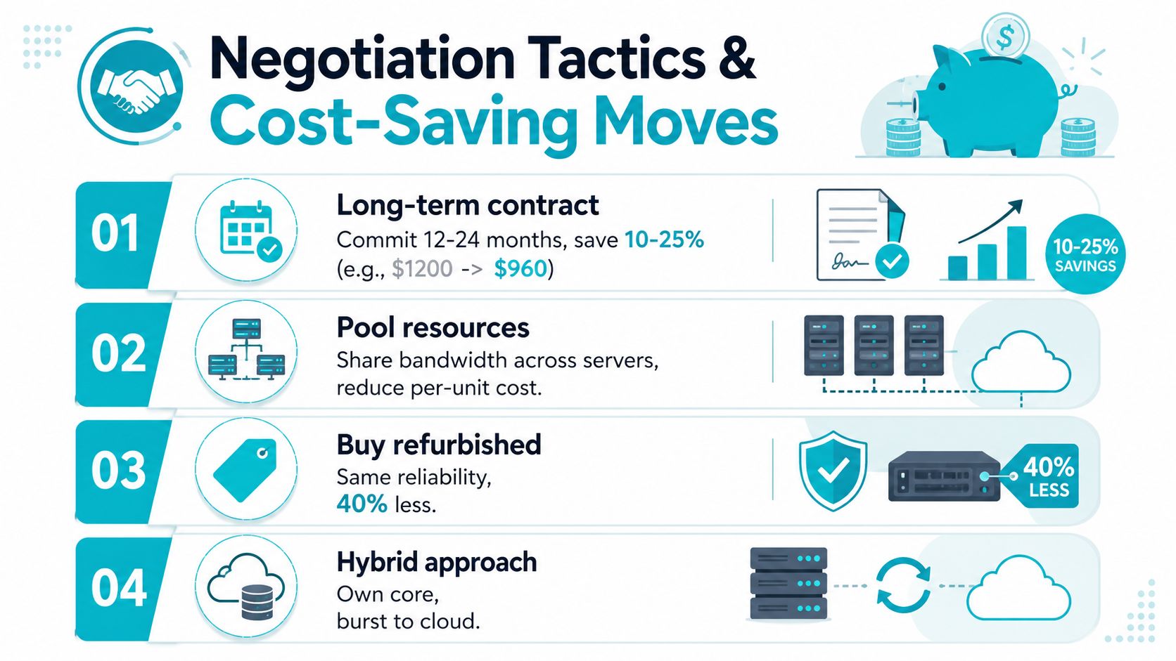 An infographic detailing four negotiation tactics and cost-saving moves for optimizing bare metal server pricing.