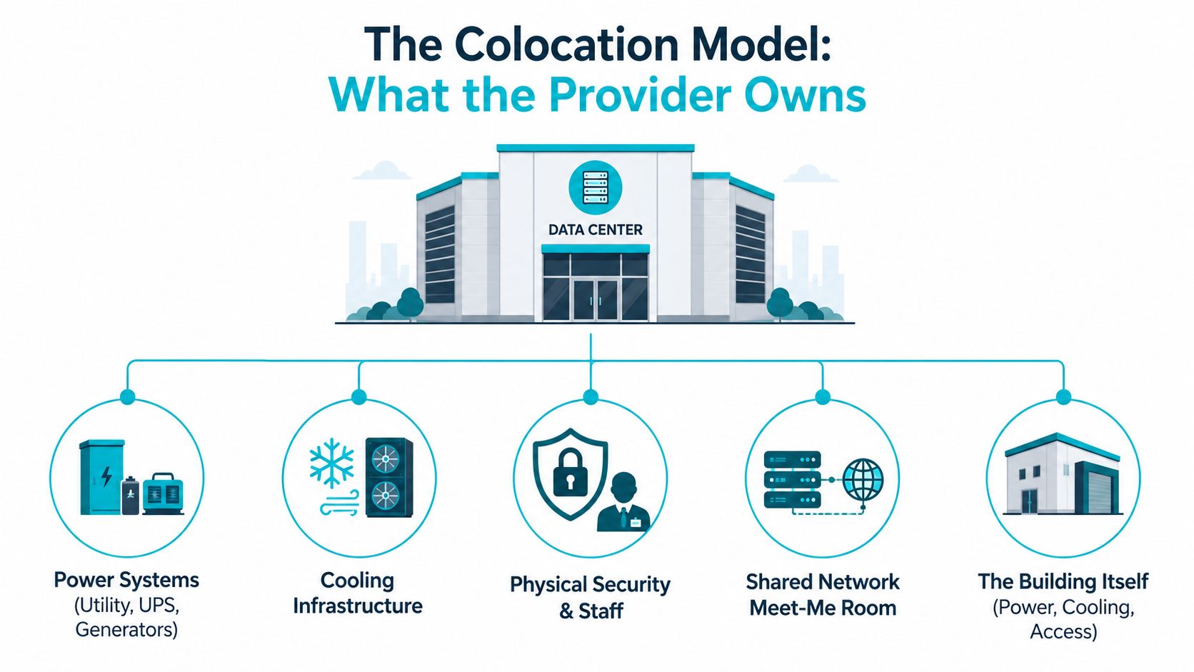 An infographic illustrating the colocation model, showcasing the primary infrastructure components managed by data center providers.