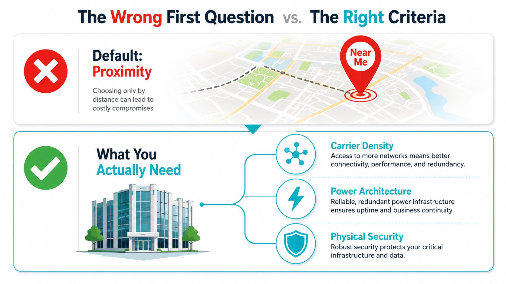 An infographic comparing proximity-based data center selection with the more important criteria of connectivity, power, and security.