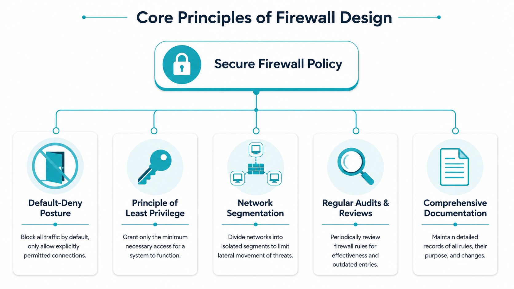 A diagram outlining the five core principles of secure firewall design for network security policy implementation.