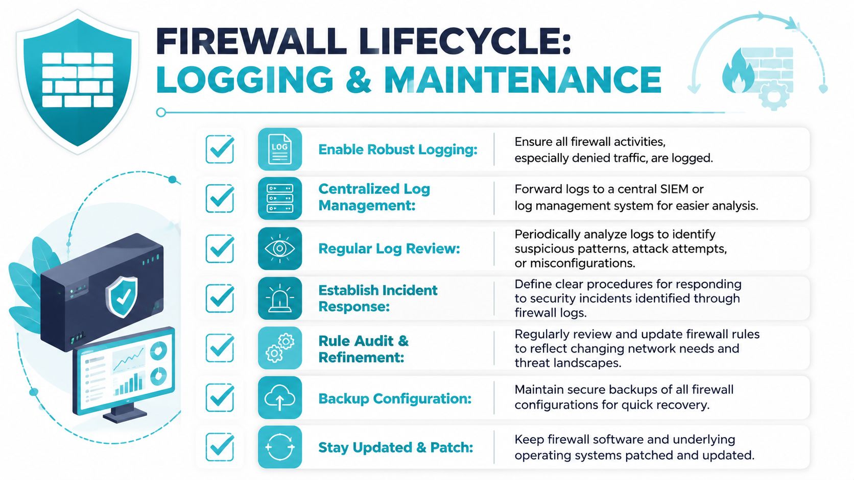A checklist infographic outlining essential practices for firewall lifecycle, logging, and ongoing security maintenance.