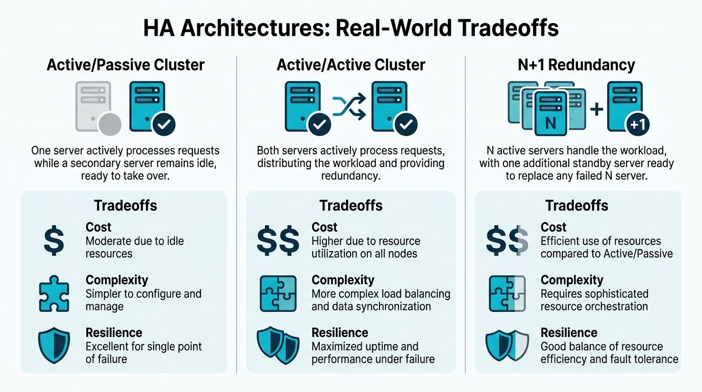 A comparison chart showing the differences, costs, and complexity of Active/Passive, Active/Active, and N+1 server redundancy architectures.