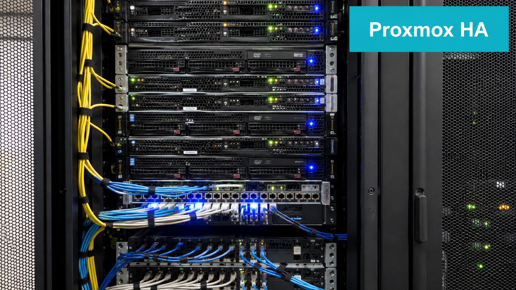 A server rack containing multiple Proxmox HA servers interconnected with blue networking cables in a data center.
