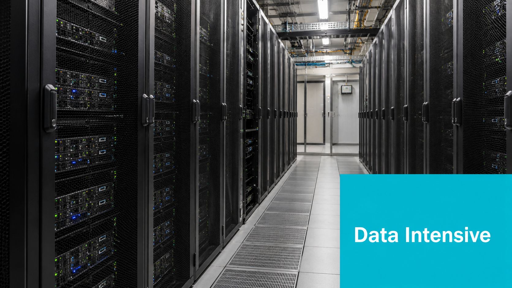 A view of a modern data center server room with rows of racks and high memory servers.