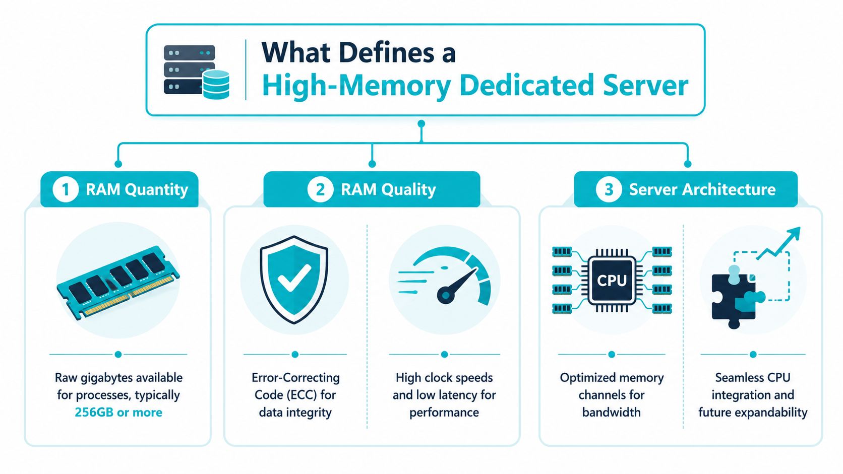 An infographic detailing the three key components of a high-memory dedicated server: RAM quantity, quality, and architecture.