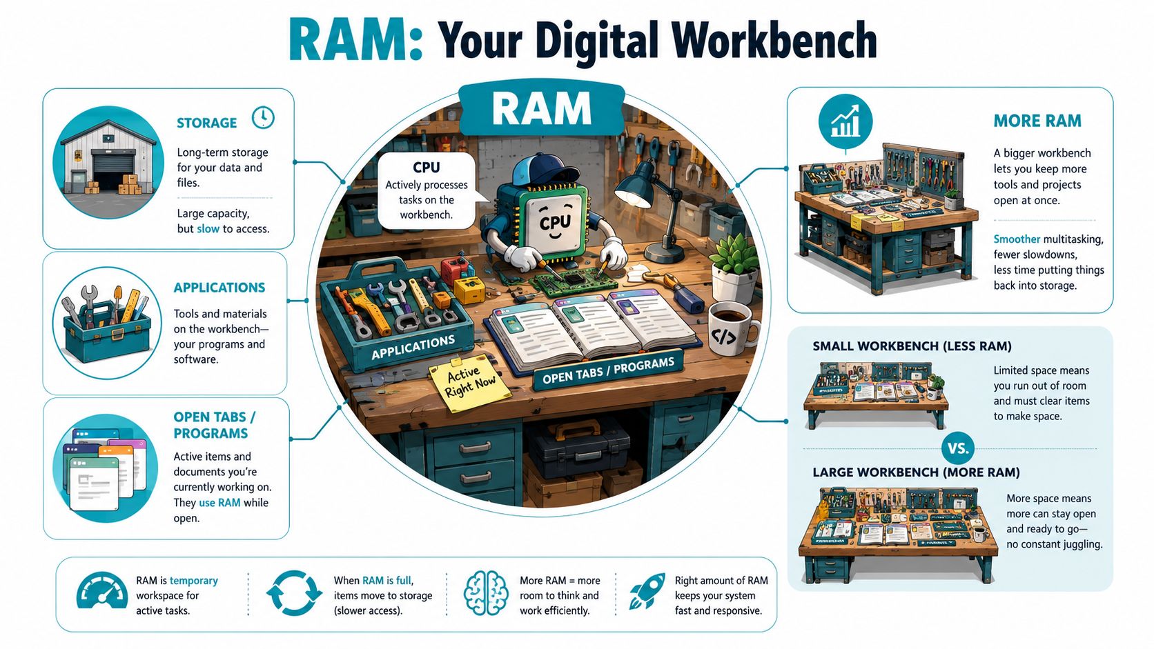 An infographic explaining how RAM works by using a digital workbench metaphor for computer system memory.