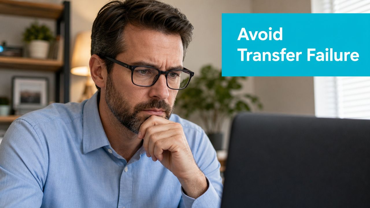 A concerned man in a blue shirt looking thoughtfully at his laptop screen while sitting indoors.