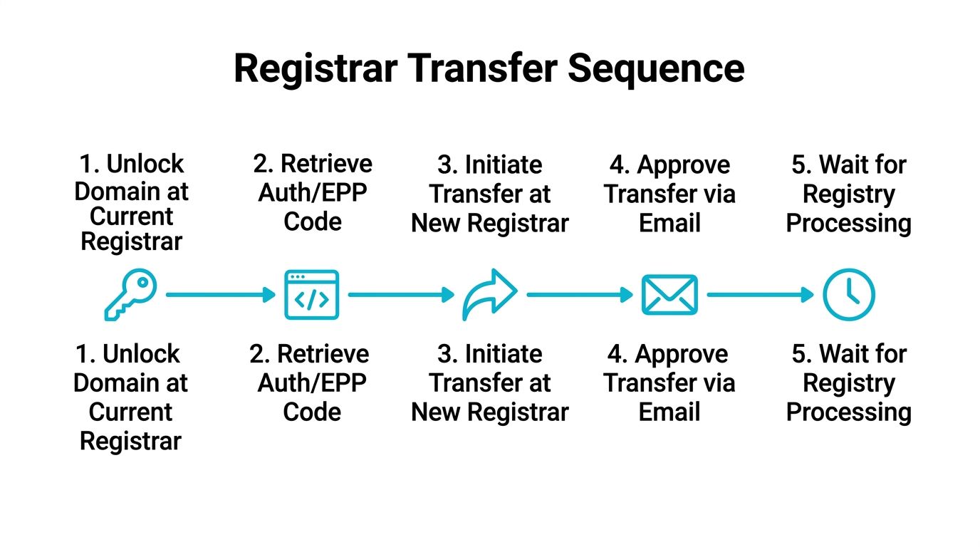 A diagram illustrating the five-step sequence for transferring a domain name between different web registrars.