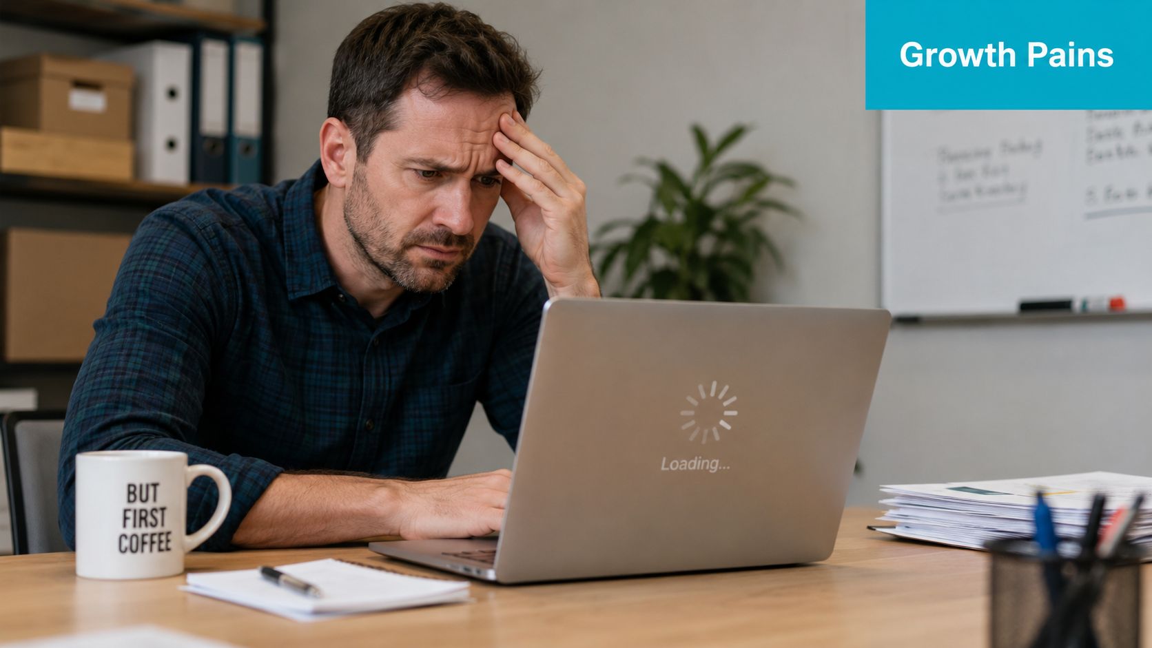 A stressed man working on a laptop displaying a loading screen in a home office.